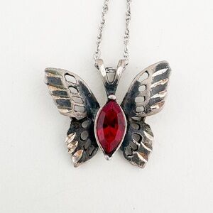 Vintage 925 Sterling Silver Butterfly Necklace Red Marquise Stone Signed 19 in